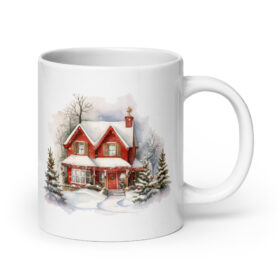 Cozy Red House Winter Mug | Snowy Christmas Cottage Coffee Cup