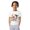 Smiling girl wearing a kids t-shirt with red robins and holly branch design – festive winter outfit by Printivoo
