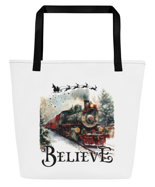 Christmas tote bag with train design and festive quote