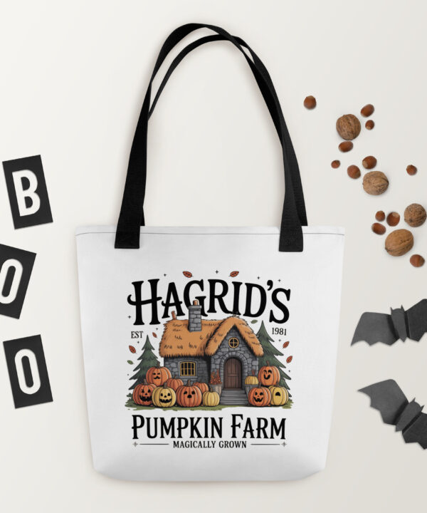 Hagrid’s Pumpkin Farm tote bag with cottage and pumpkin design