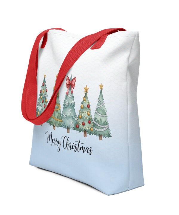 Festive tote bag with five Christmas trees and “Merry Christmas” text