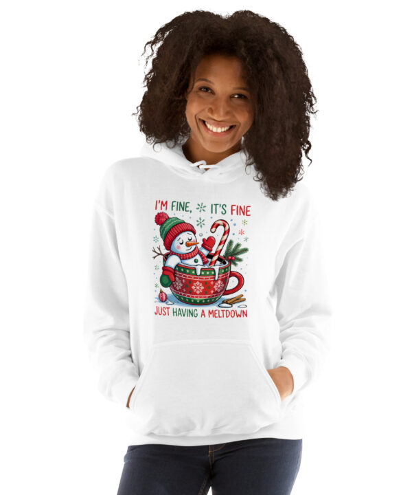 Funny Christmas snowman hoodie with “I’m Fine, It’s Fine” quote printed using DTFlex technology