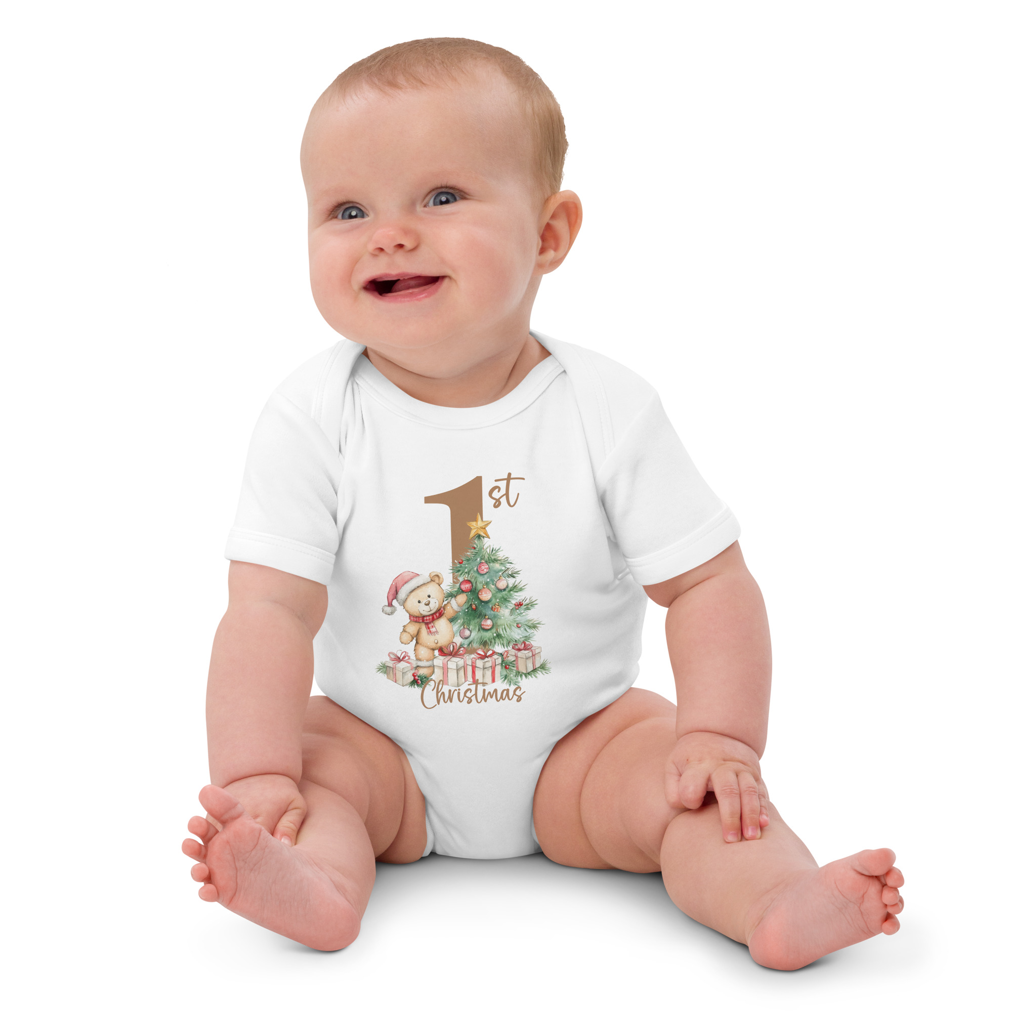 Baby’s First Christmas organic cotton bodysuit with teddy and tree design