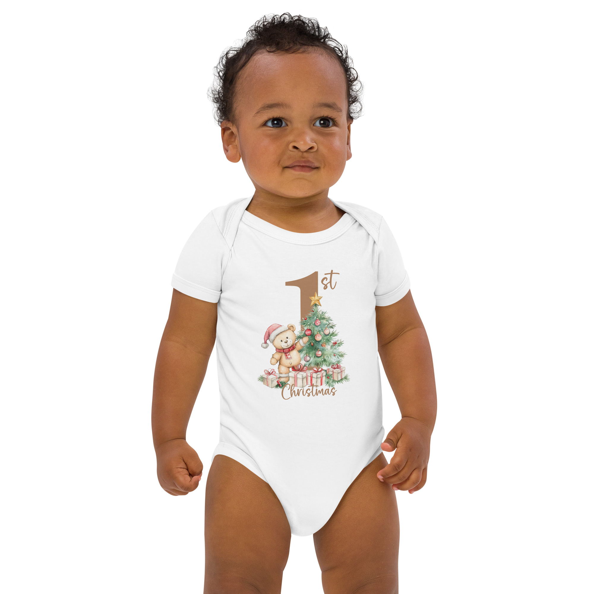 Baby’s First Christmas Organic Cotton Bodysuit | Cute Teddy & Tree Design - Image 6