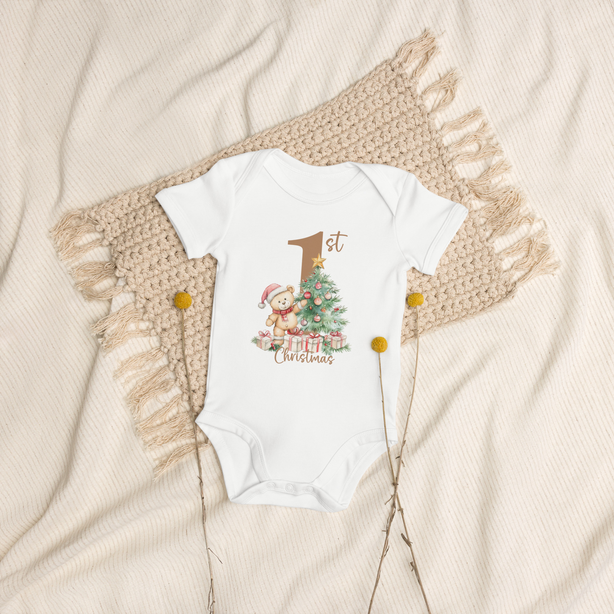 Baby’s First Christmas Organic Cotton Bodysuit | Cute Teddy & Tree Design - Image 7