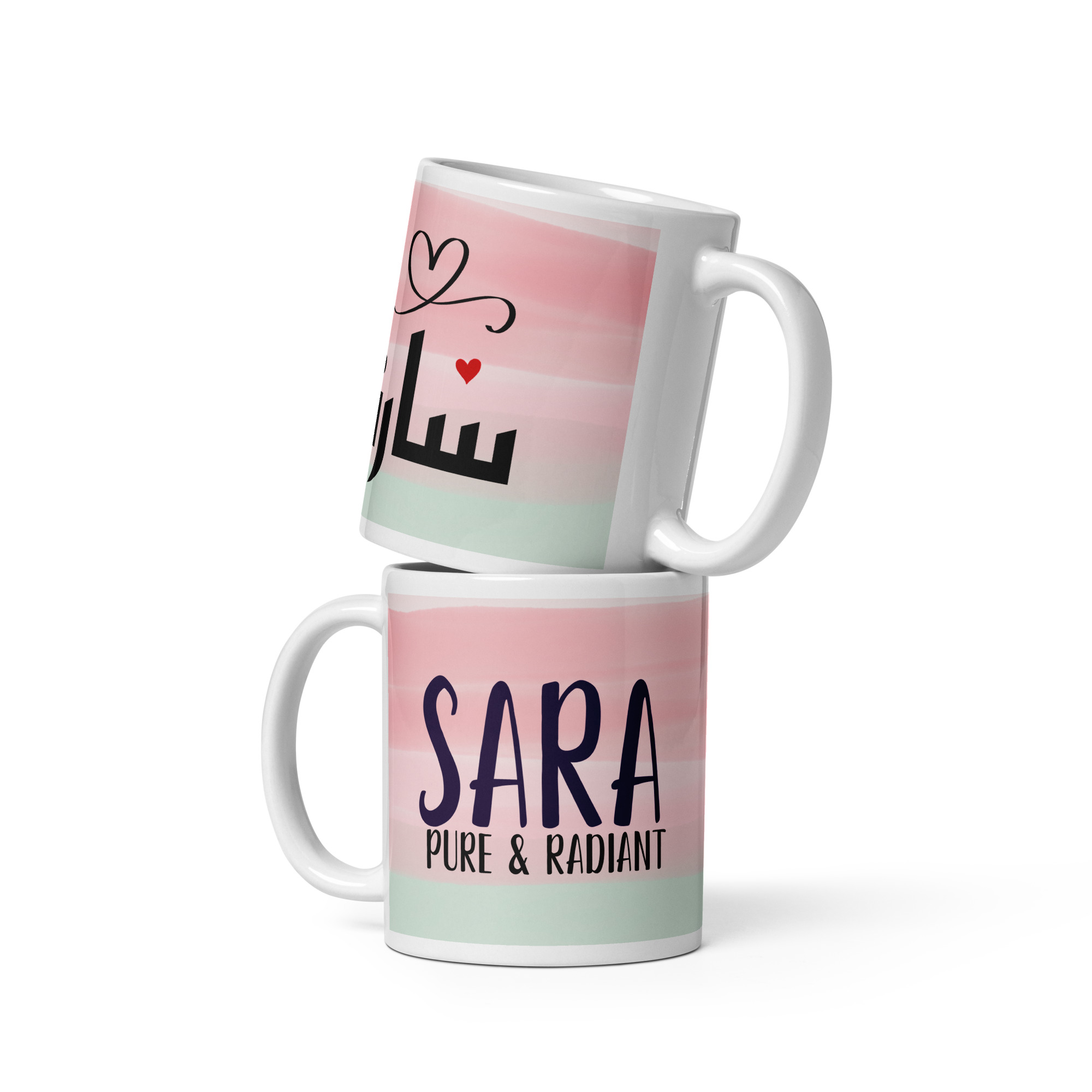 Stacked personalized coffee mugs with pink and green watercolor design