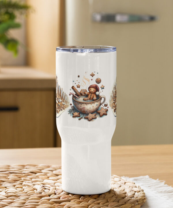 Gingerbread cocoa cup illustration on holiday travel mug
