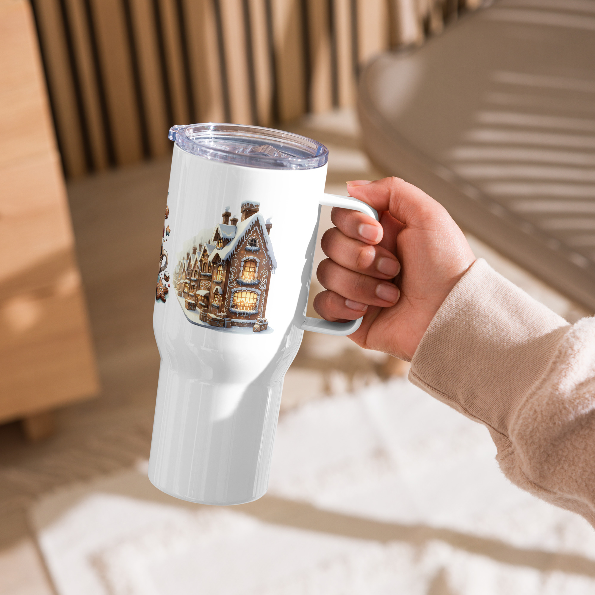 Gingerbread house design on Christmas travel mug