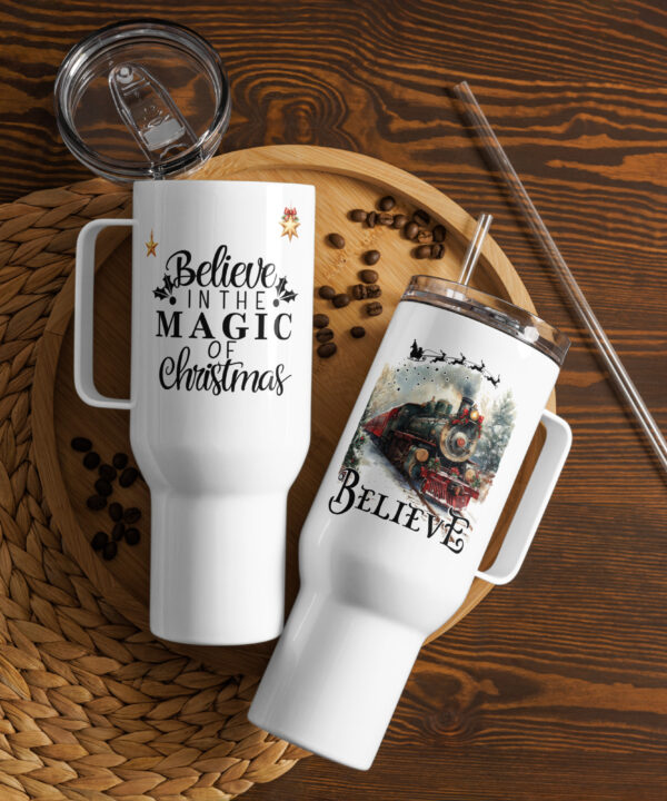 Believe in the Magic of Christmas travel mug with festive train design