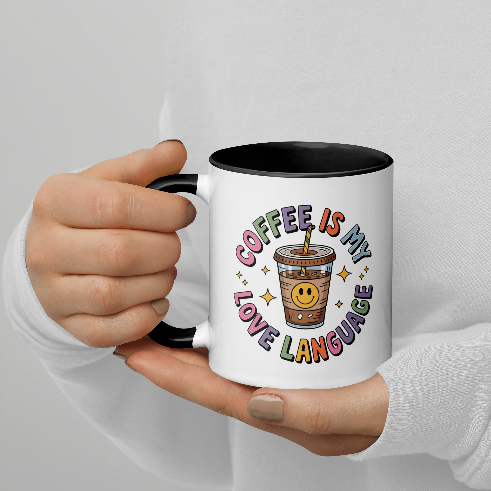 Coffee Is My Love Language mug with yellow handle and iced coffee design