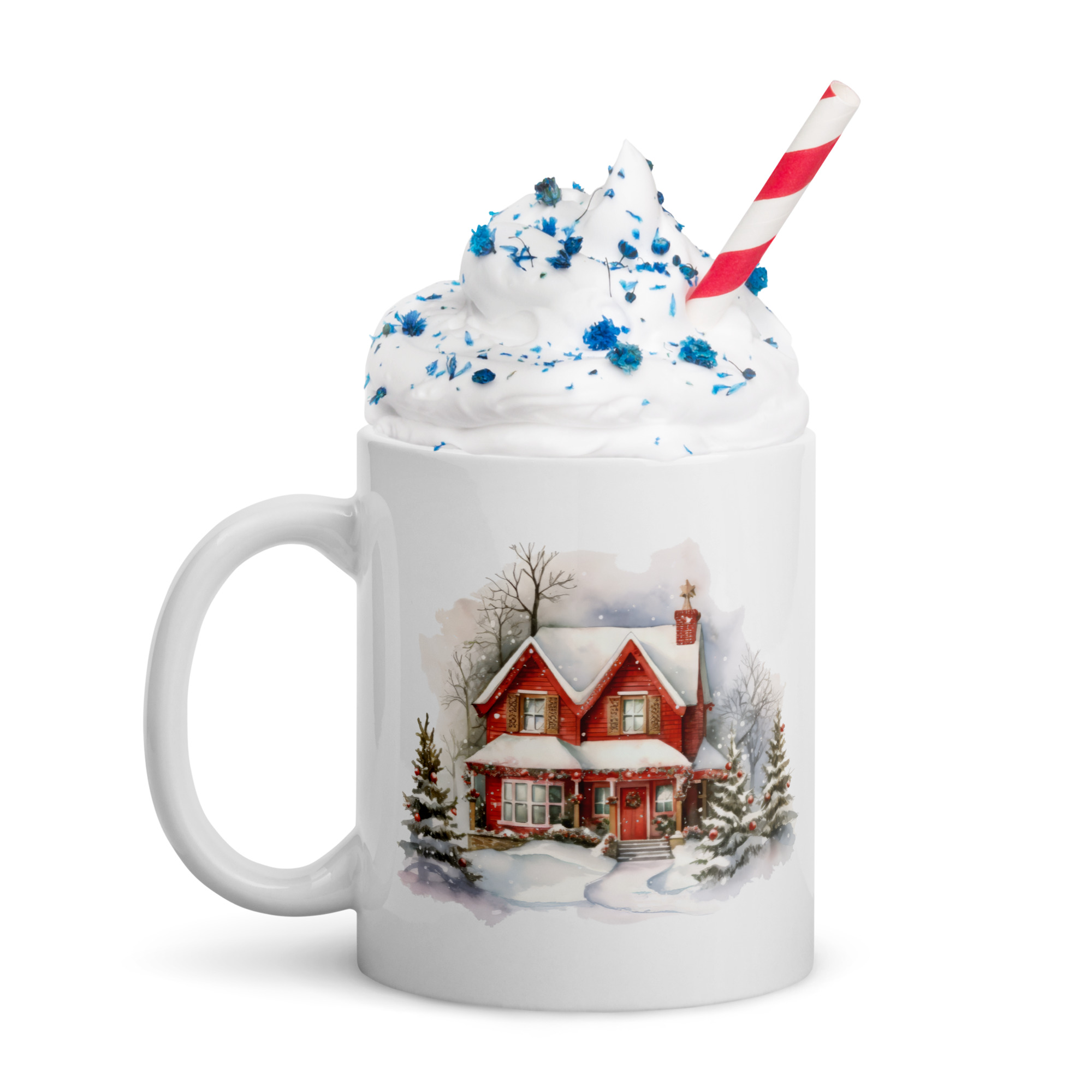 Cozy Red House Winter Mug | Snowy Christmas Cottage Coffee Cup - Image 3