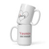 Yasmin Arabic calligraphy mug – Grace in Bloom, two-sided design with heart, watercolor pink and mint, ceramic