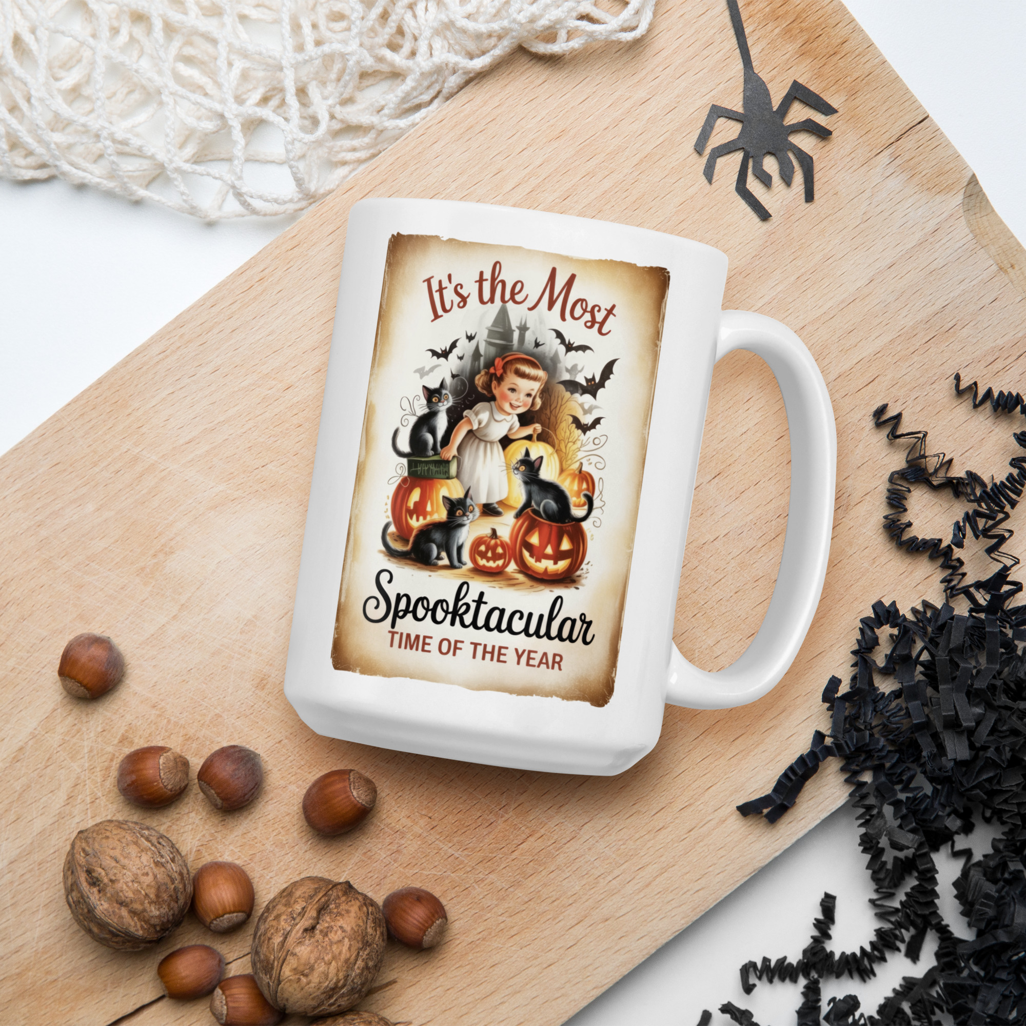 Spooktacular Retro Halloween Mug – Vintage Black Cat & Pumpkin Design