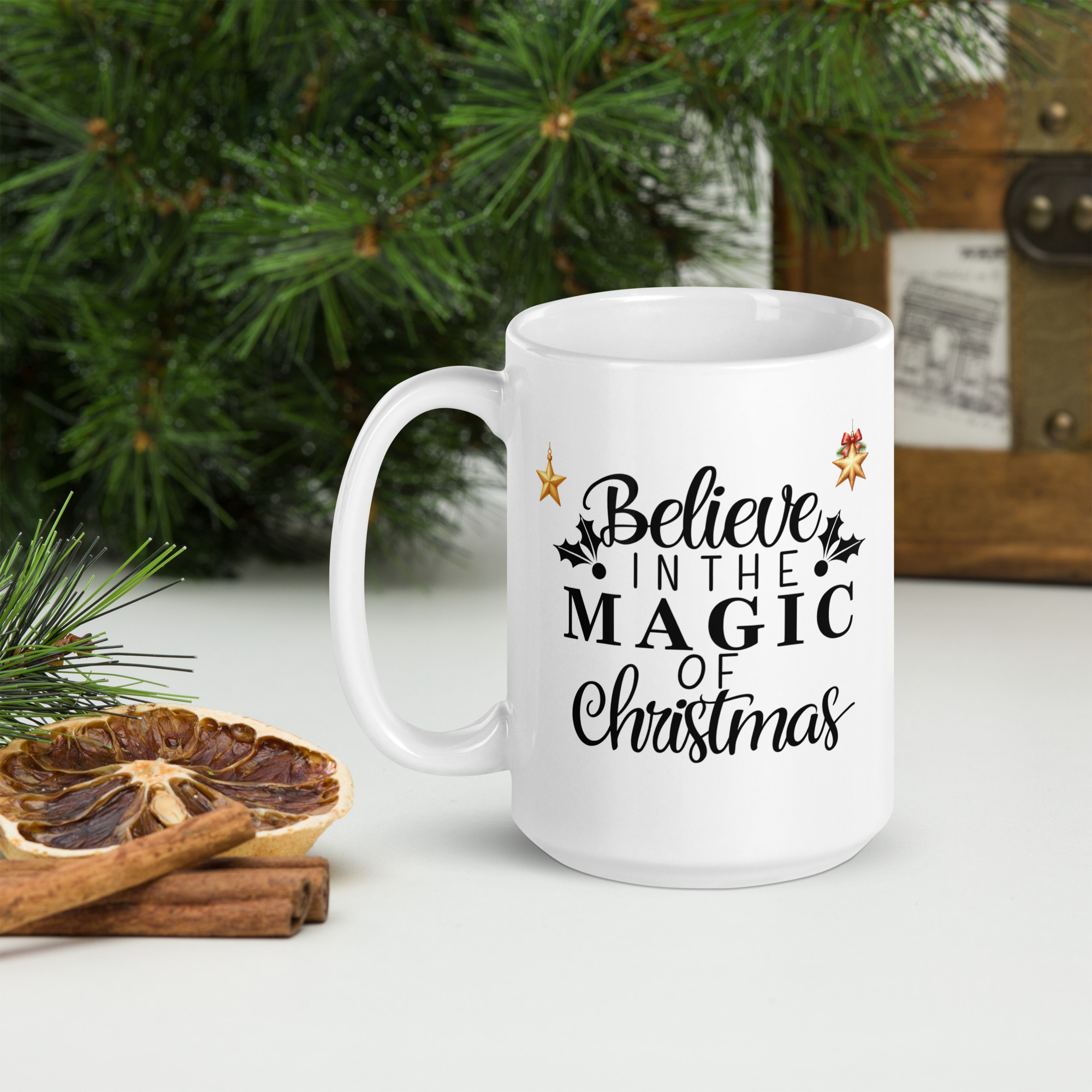 Believe in the Magic of Christmas mug with train design