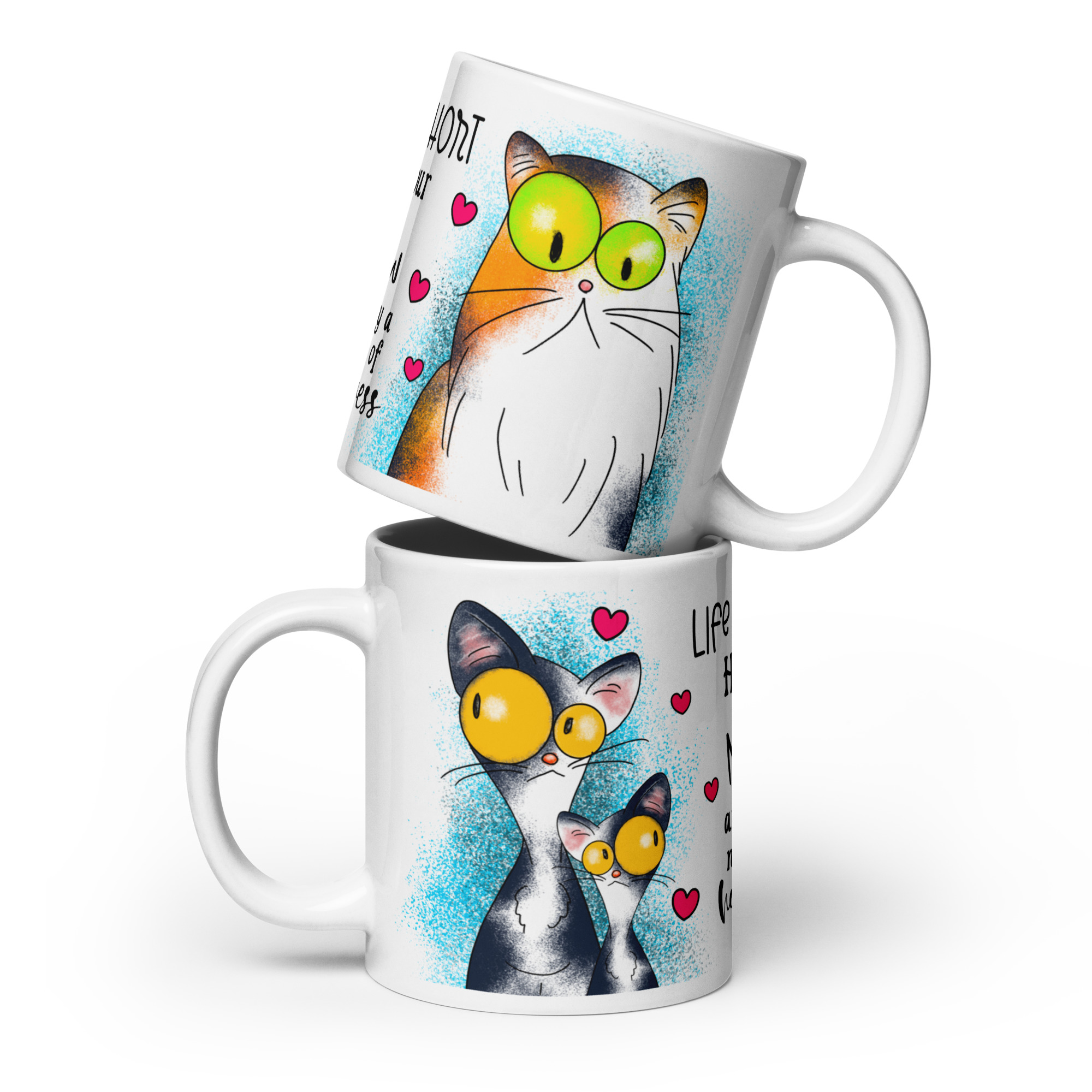 White ceramic mug with two colorful cats and “Life is short hug your meow” text