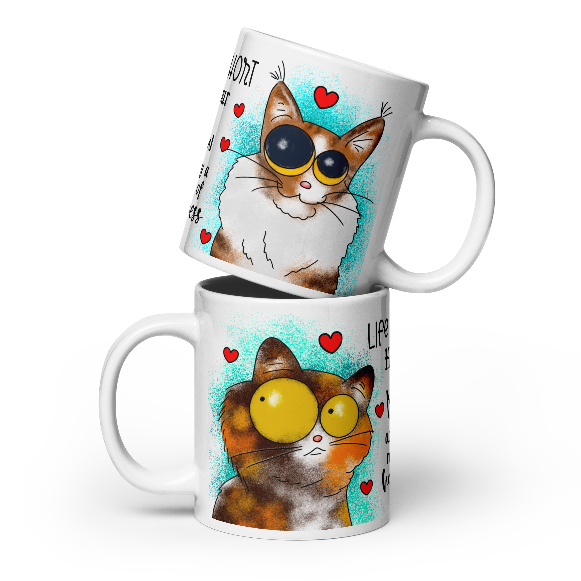 White ceramic mug with two cats, turquoise background, hearts, and the quote βLife is short hug your meow.
