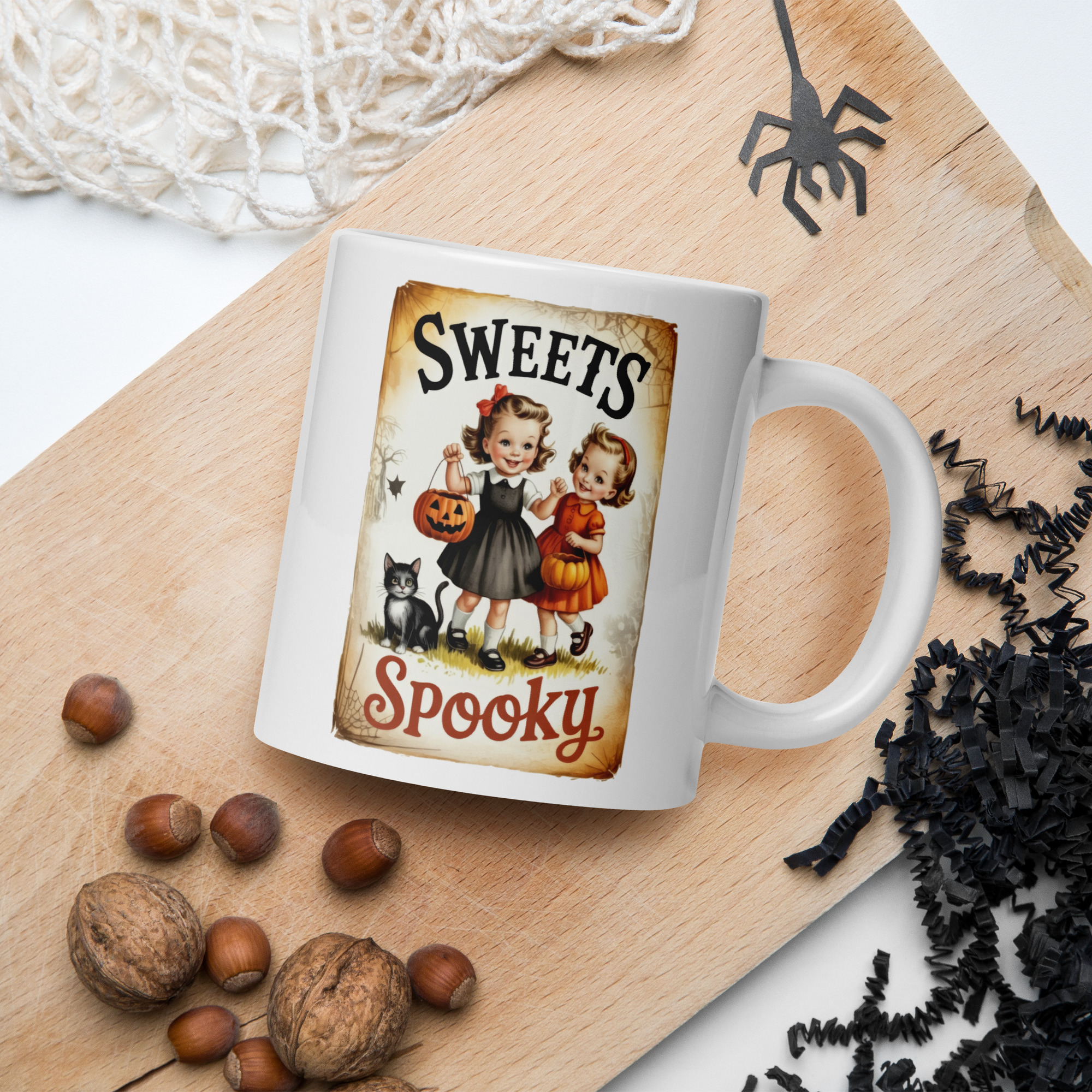 Sweets & Spooky retro Halloween mug featuring two vintage girls and a black cat