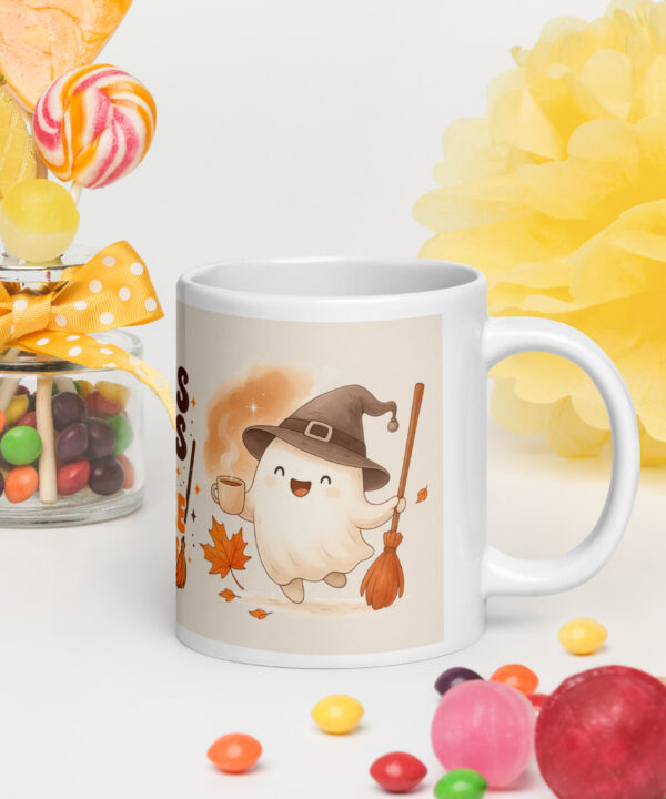 Hocus Pocus I Need Coffee to Focus mug with ghost and pumpkin design