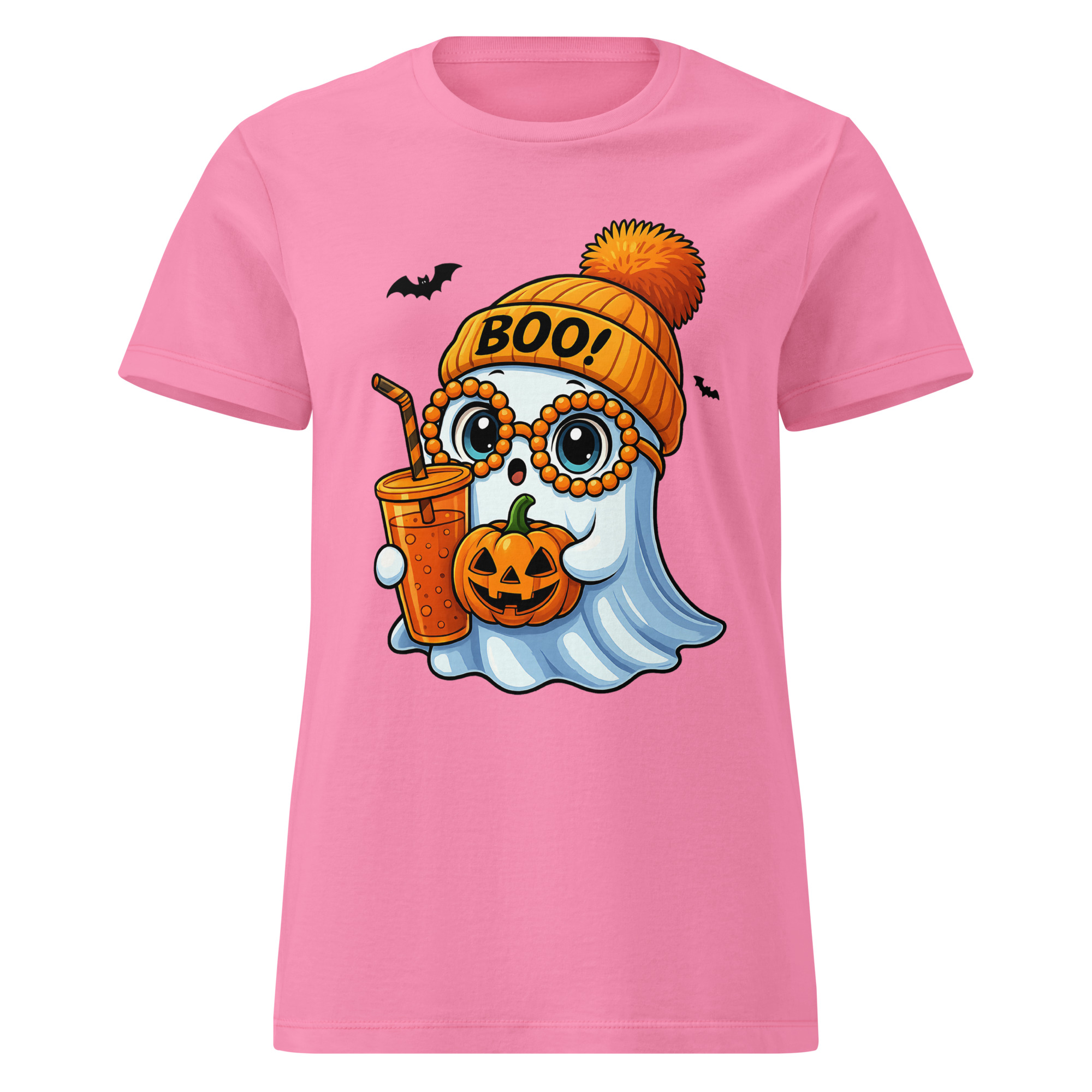 BOO! Ghost with Pumpkin & Coffee T-Shirt | Women’s Halloween Softstyle Tee - Image 29