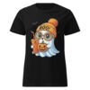 Cute Halloween ghost holding coffee and pumpkin on navy t-shirt for women