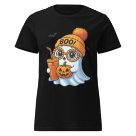 BOO! Ghost with Pumpkin & Coffee T-Shirt | Women’s Halloween Softstyle Tee