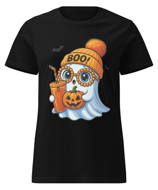 Cute Halloween ghost holding coffee and pumpkin on navy t-shirt for women