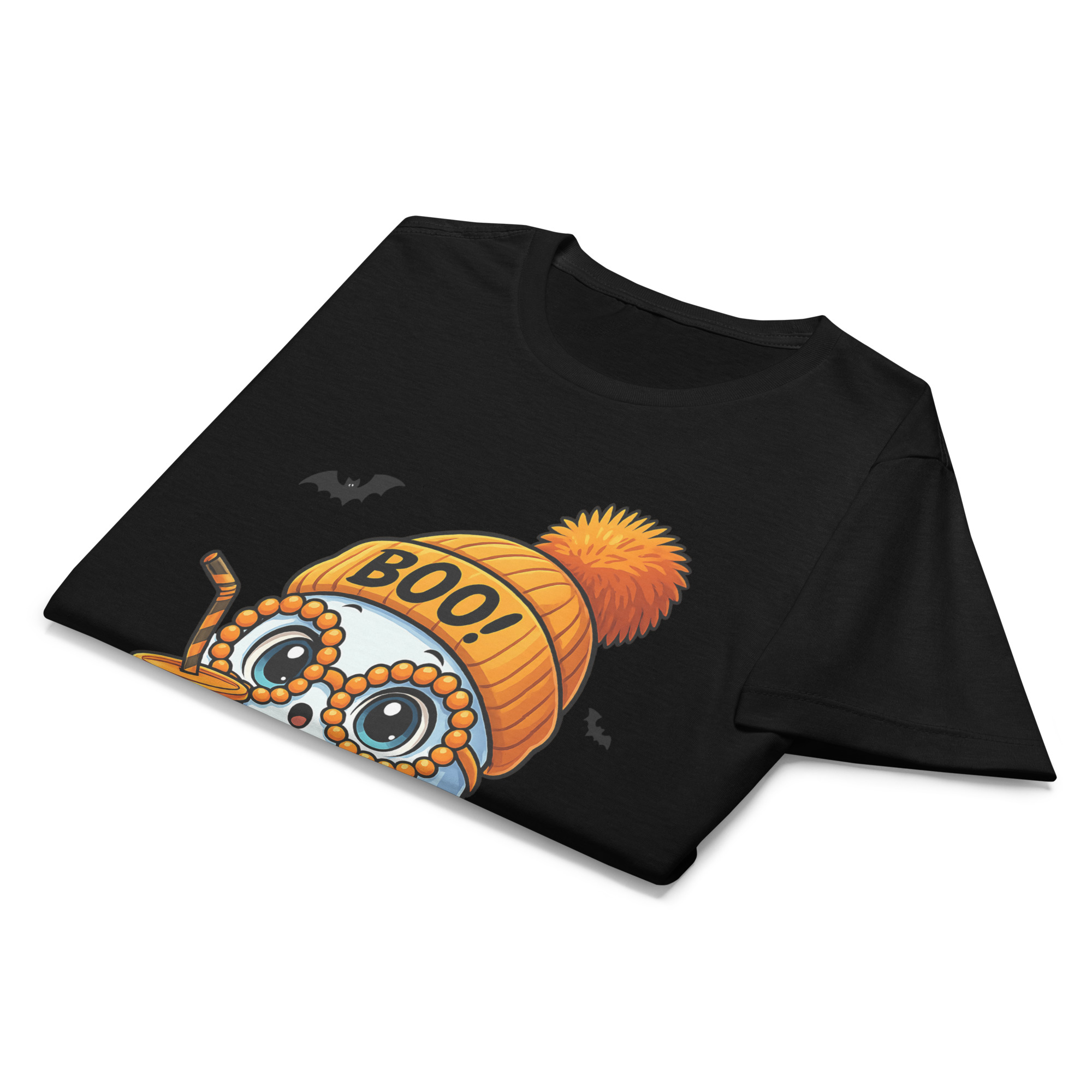 BOO! Ghost with Pumpkin & Coffee T-Shirt | Women’s Halloween Softstyle Tee - Image 3