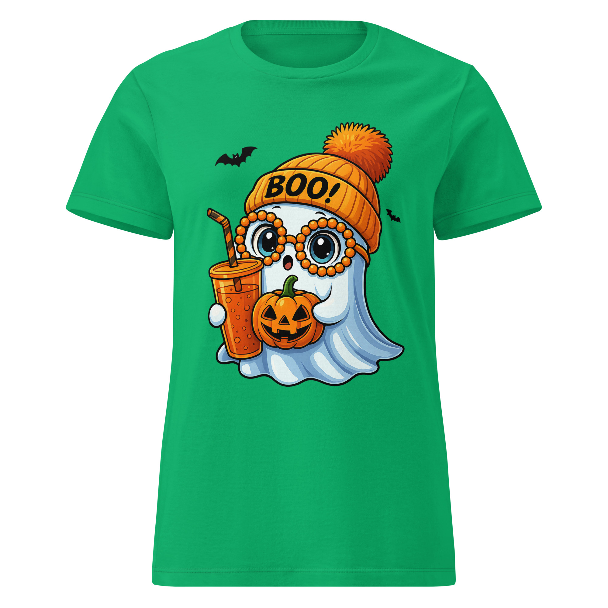 BOO! Ghost with Pumpkin & Coffee T-Shirt | Women’s Halloween Softstyle Tee - Image 25