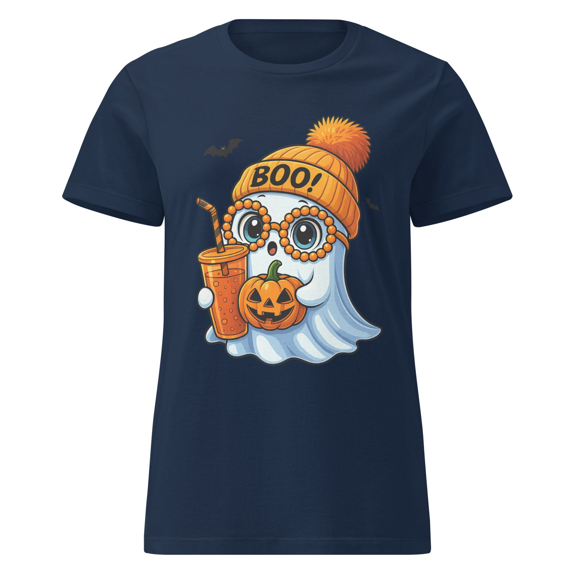 BOO! Ghost with Pumpkin & Coffee T-Shirt | Women’s Halloween Softstyle Tee - Image 14