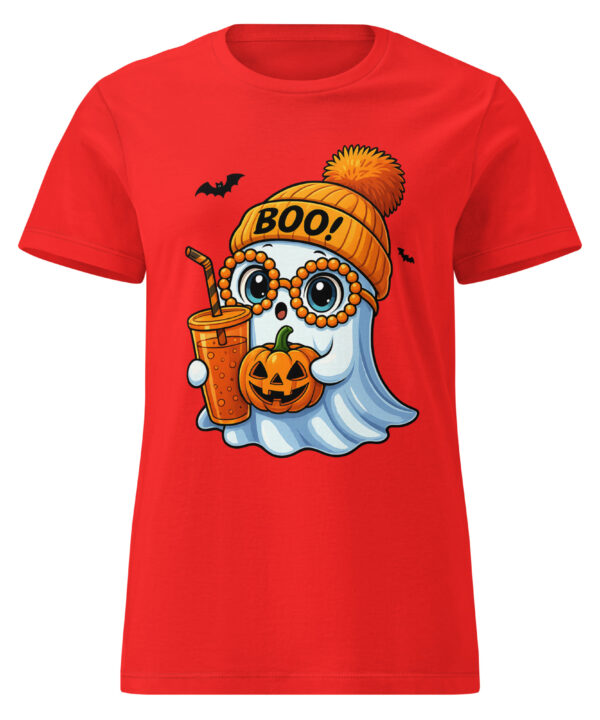 Alternative view of BOO! Ghost with Pumpkin & Coffee T-Shirt | Women’s Halloween Softstyle Tee