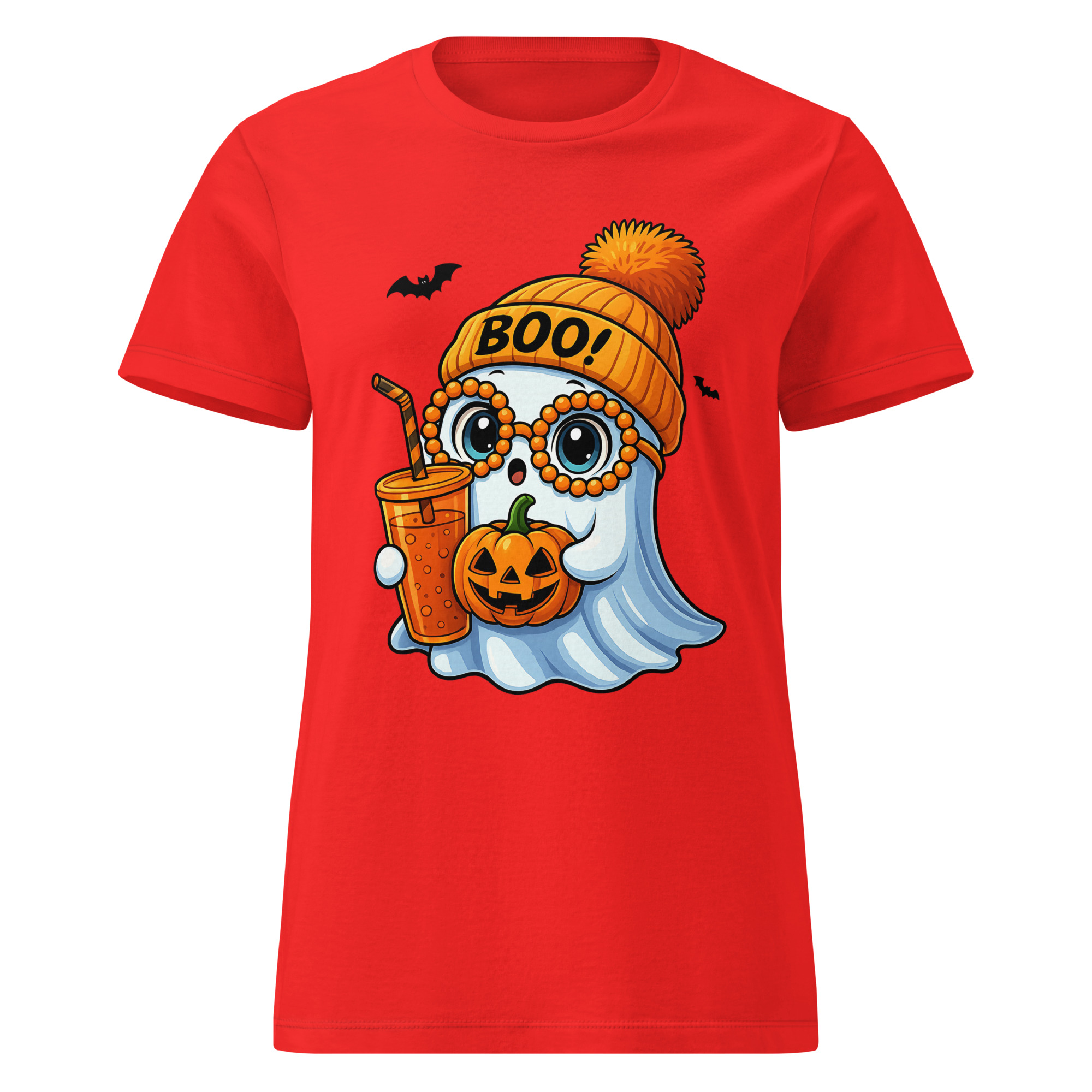 BOO! Ghost with Pumpkin & Coffee T-Shirt | Women’s Halloween Softstyle Tee - Image 2