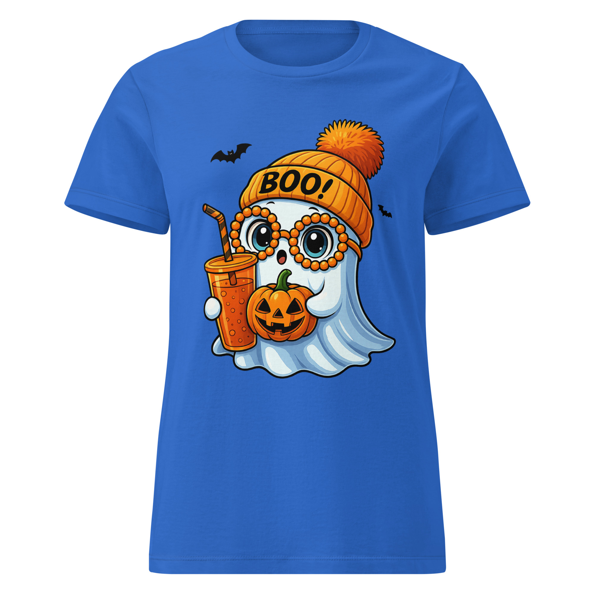 BOO! Ghost with Pumpkin & Coffee T-Shirt | Women’s Halloween Softstyle Tee - Image 21