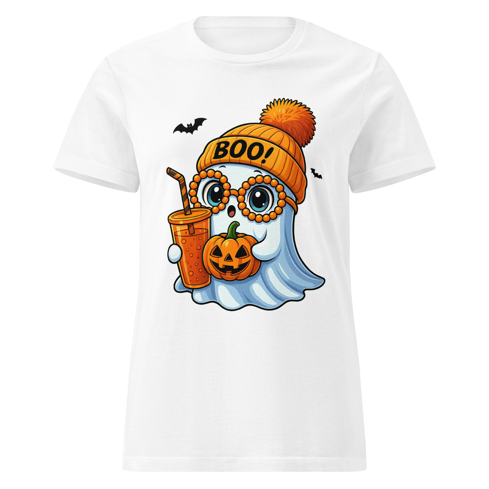 BOO! Ghost with Pumpkin & Coffee T-Shirt | Women’s Halloween Softstyle Tee - Image 37
