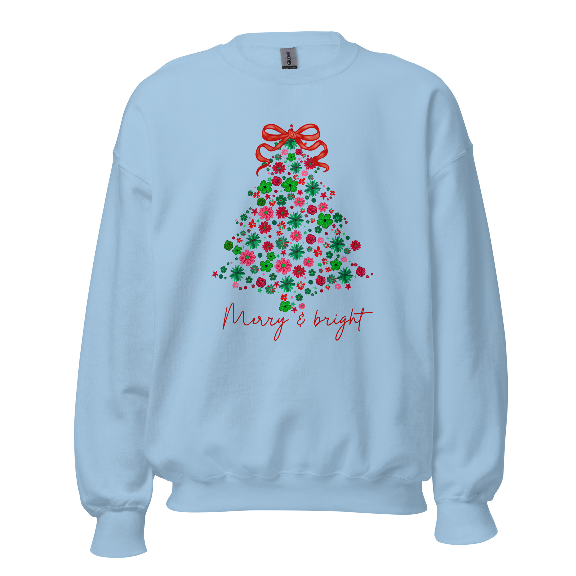 Light blue Merry & Bright floral Christmas tree graphic sweatshirt mockup.