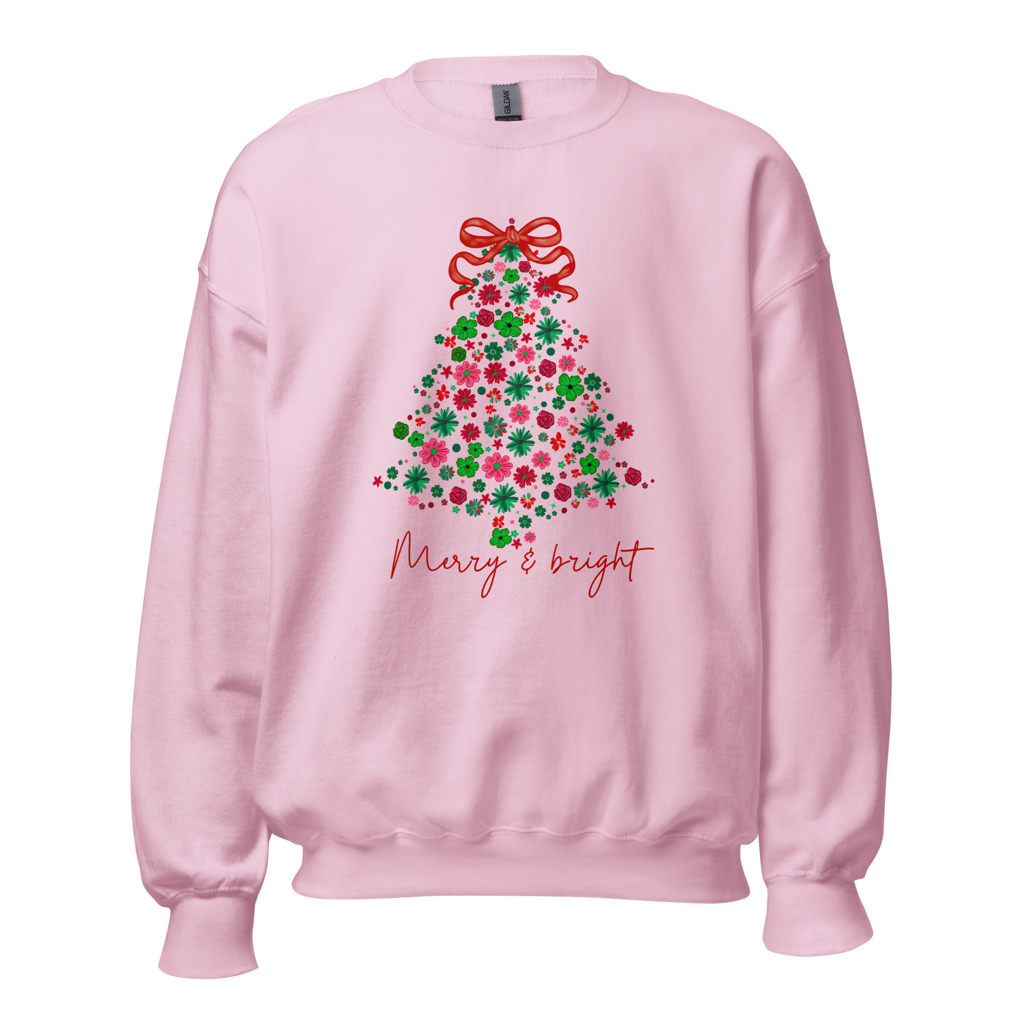 Light pink floral Christmas tree sweatshirt with Merry & bright.
