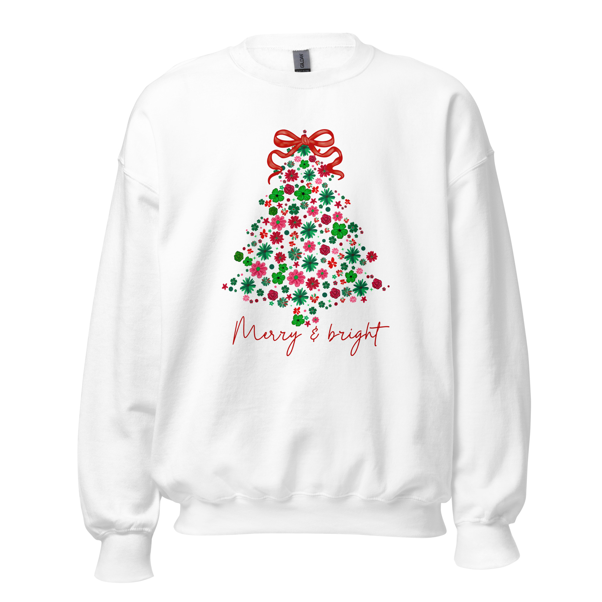 White Merry & Bright Christmas sweatshirt with floral tree graphic.