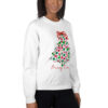 White festive sweatshirt with colorful Christmas tree and Merry & bright.