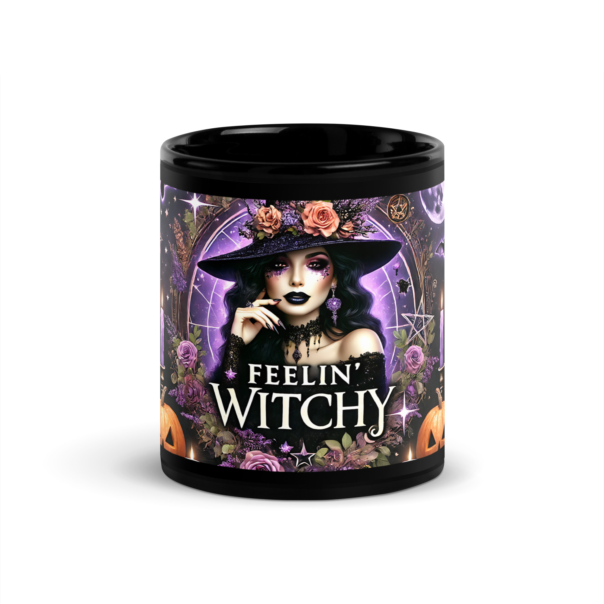 Feelin Witchy black glossy mug with witch and pumpkin Halloween design