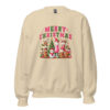 Cozy beige sweatshirt with colorful, retro Merry Christmas holiday graphic.