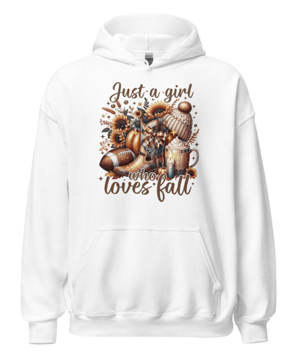 White Just a girl who loves fall graphic hoodie.