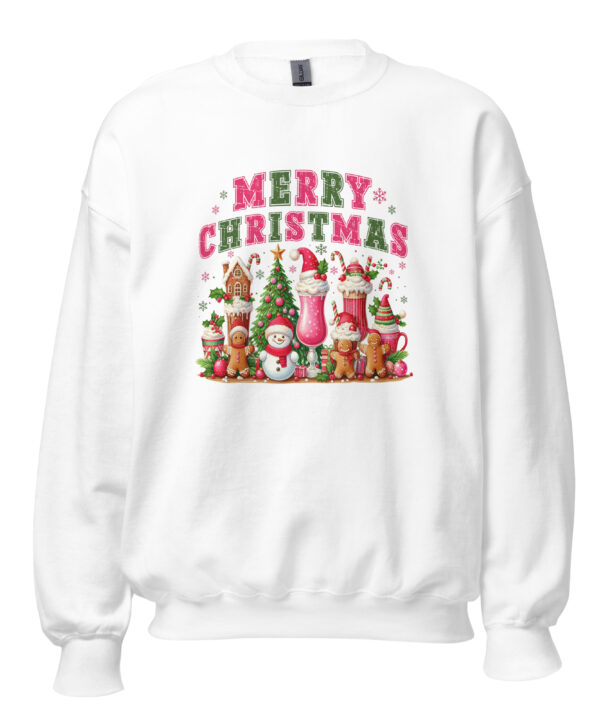 White Christmas sweatshirt with colorful Merry Christmas graphic print.