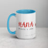 Two-tone blue and white HANA coffee mug with text.