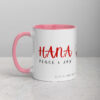 White ceramic mug, pink interior, red HANA script.