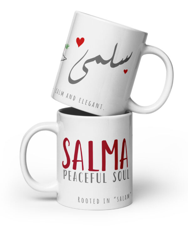 White ceramic mug with “سلمى” Arabic calligraphy, dove illustration, and “Salma – Peaceful Soul