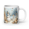 Golden snowman Christmas mug with glowing holiday scene and festive trees