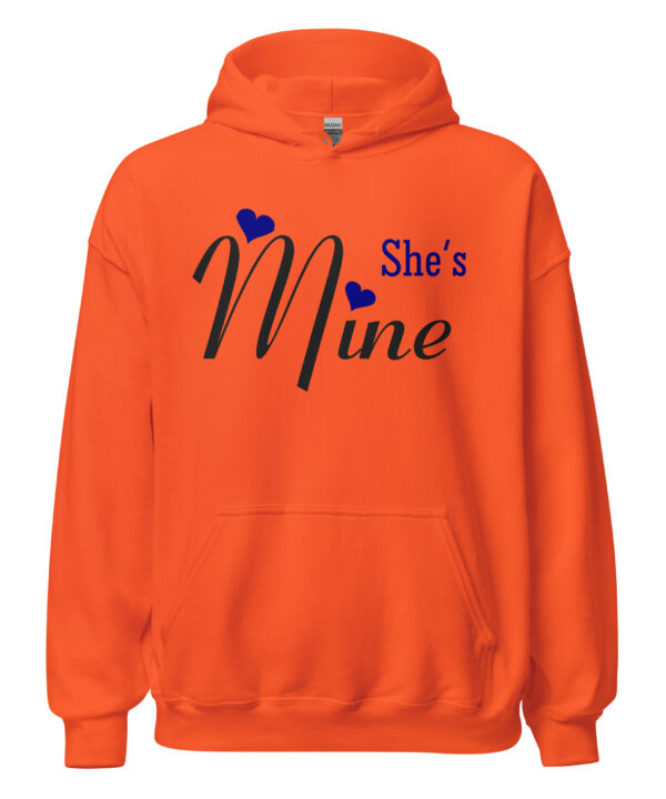 Vibrant orange Shes Mine hoodie with blue heart graphic.