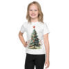 Smiling girl wearing a kids Christmas tree t-shirt with a red star design – festive holiday tee by Printivoo