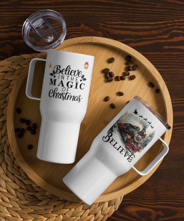 Believe in the Magic of Christmas Travel Mug | Festive Train Edition – handle white front