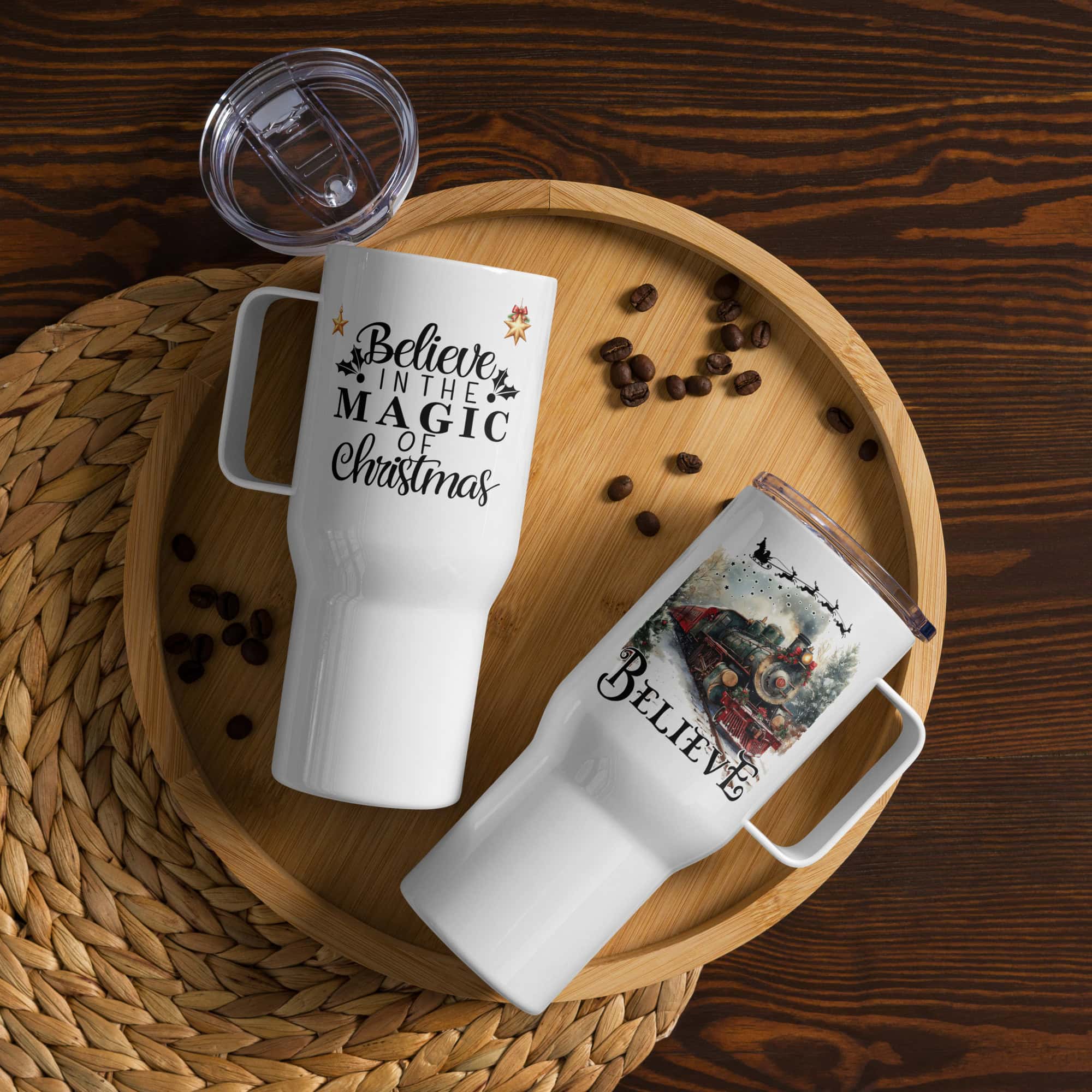 Believe in the Magic of Christmas Travel Mug | Festive Train Edition – handle white front