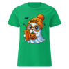 BOO! Ghost with Pumpkin & Coffee T-Shirt | Women’s Halloween Softstyle Tee – green front